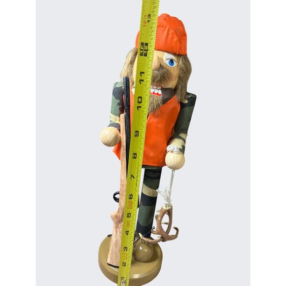 Wooden Hunter Nutcracker In Camouflage & Orange Vest Holding Accessory 14" Tall - Picture 9 of 11